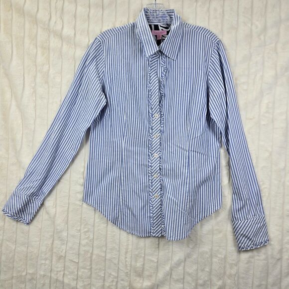 LILLY PULITZER Blue & White Striped Button Down Ruffle Shirt Blouse 10 - Picture 1 of 14